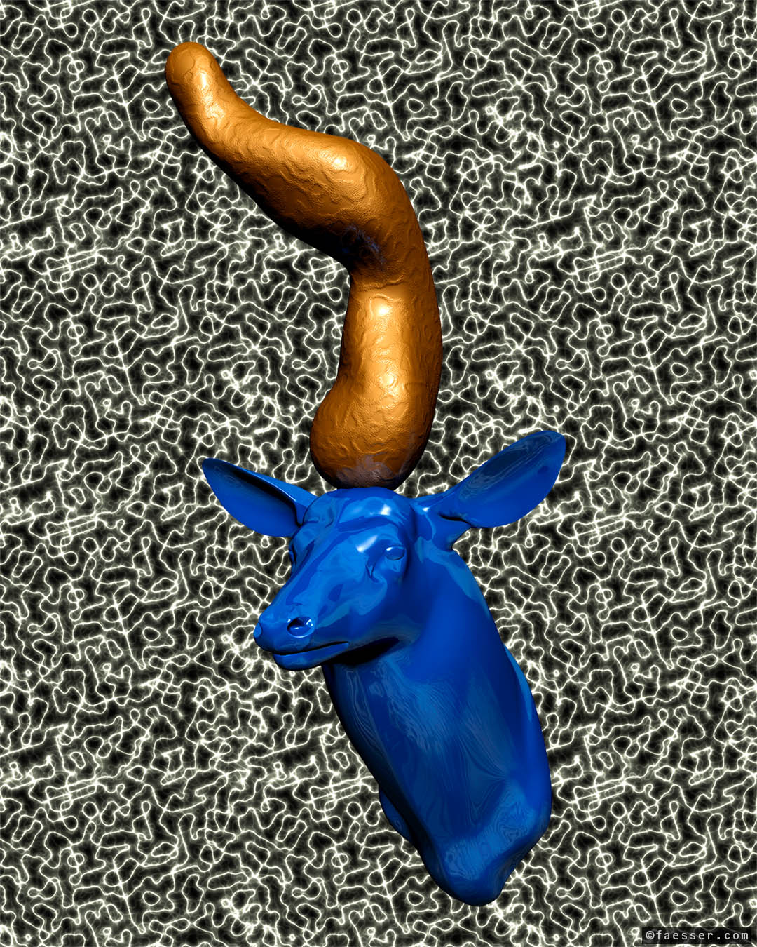 Deer trophy with golden abstract antler-sculpture; artist Roland Faesser, sculptor and painter 2018